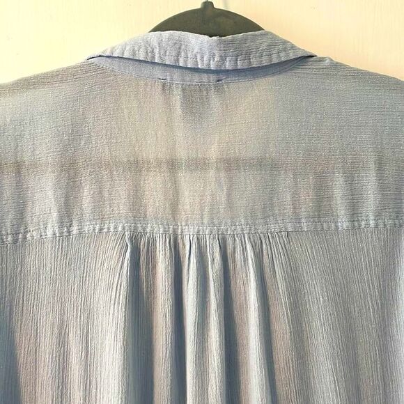 Bandolino blue crinkle cotton yoke detail button up convertible sleeve blouse XL - Picture 7 of 13